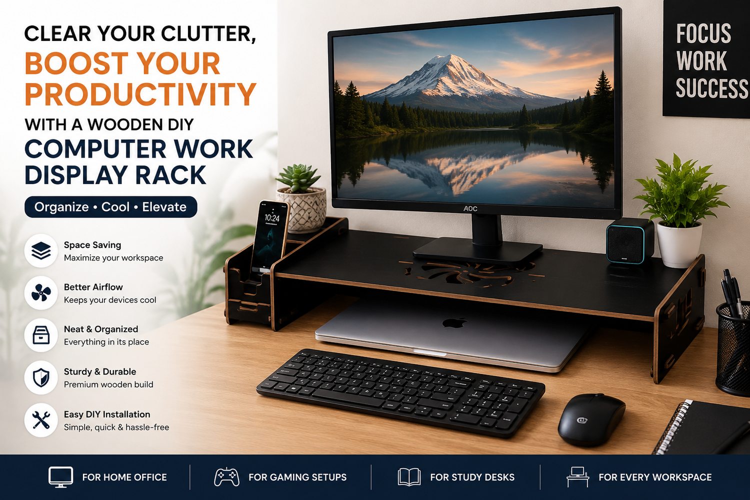 Wooden DIY Computer Work Display Rack for Home & Office