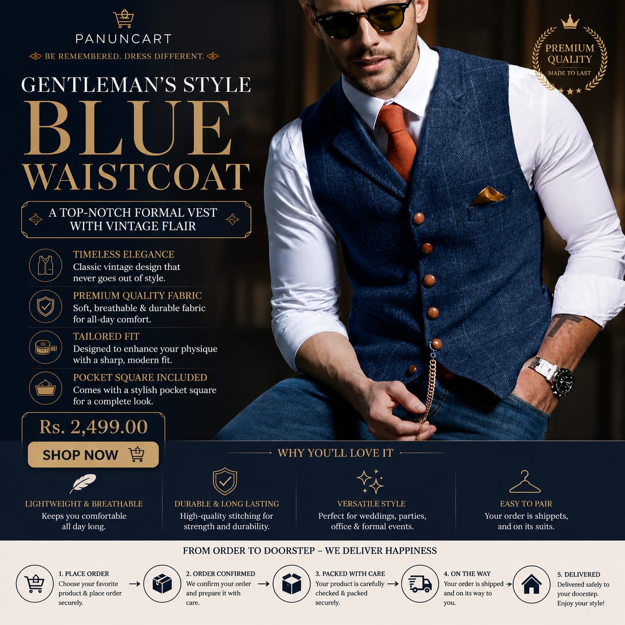 Gentleman's Style Blue Waistcoat – A Top-Notch Formal Vest with Vintage Flair