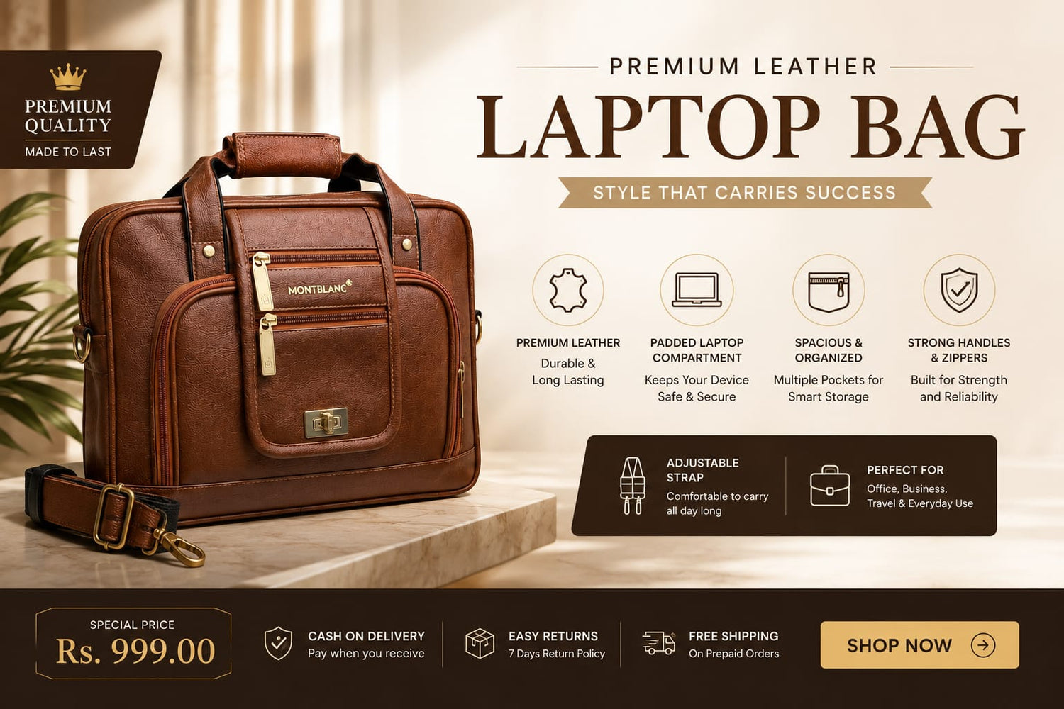 Premium Leather Laptop Bag for Men | Stylish Office & Business Bag Under ₹999