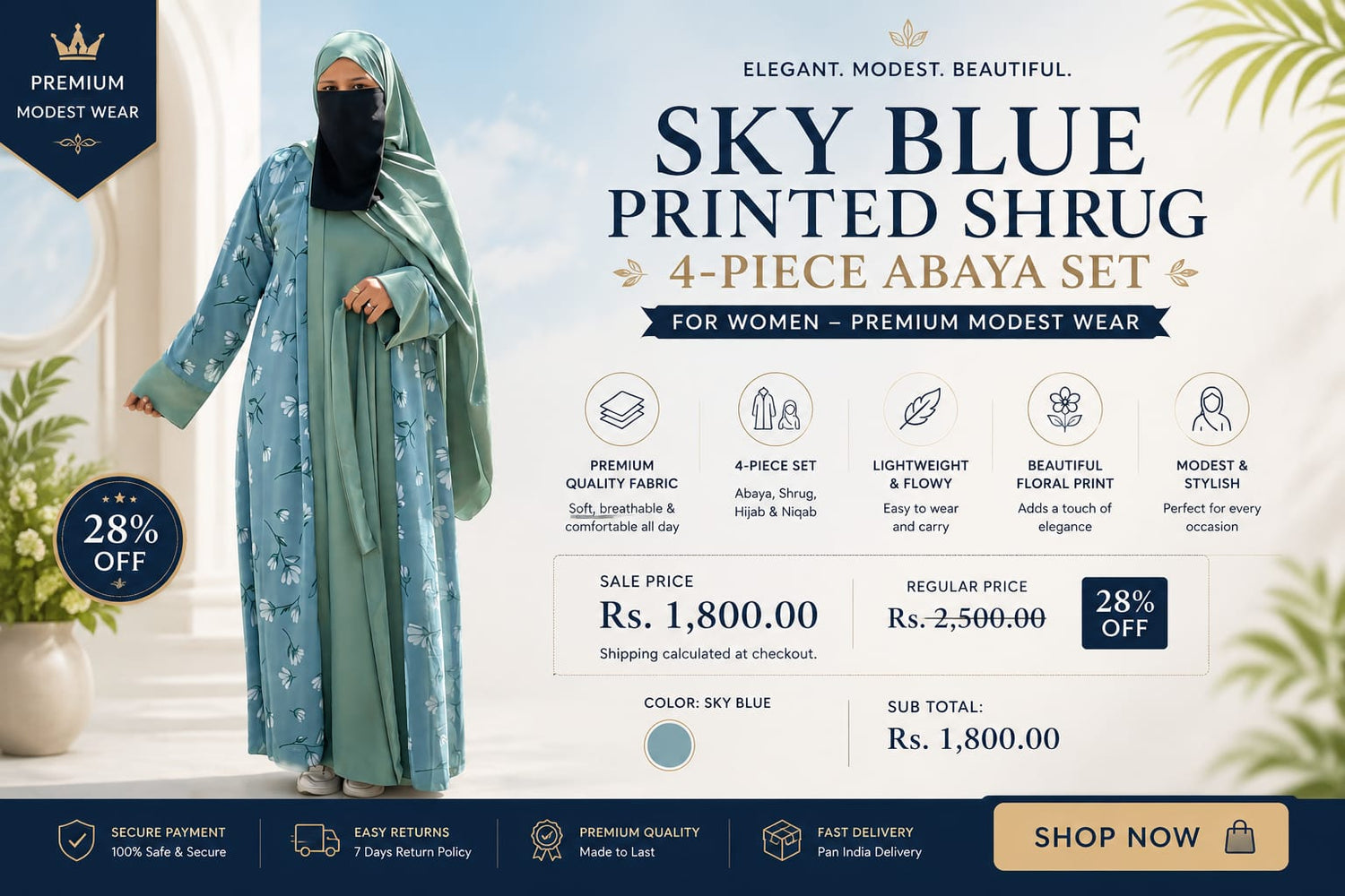 Sky Blue 4 Piece Abaya Set for Women | Premium Georgette Modest Wear by Noor Modesty