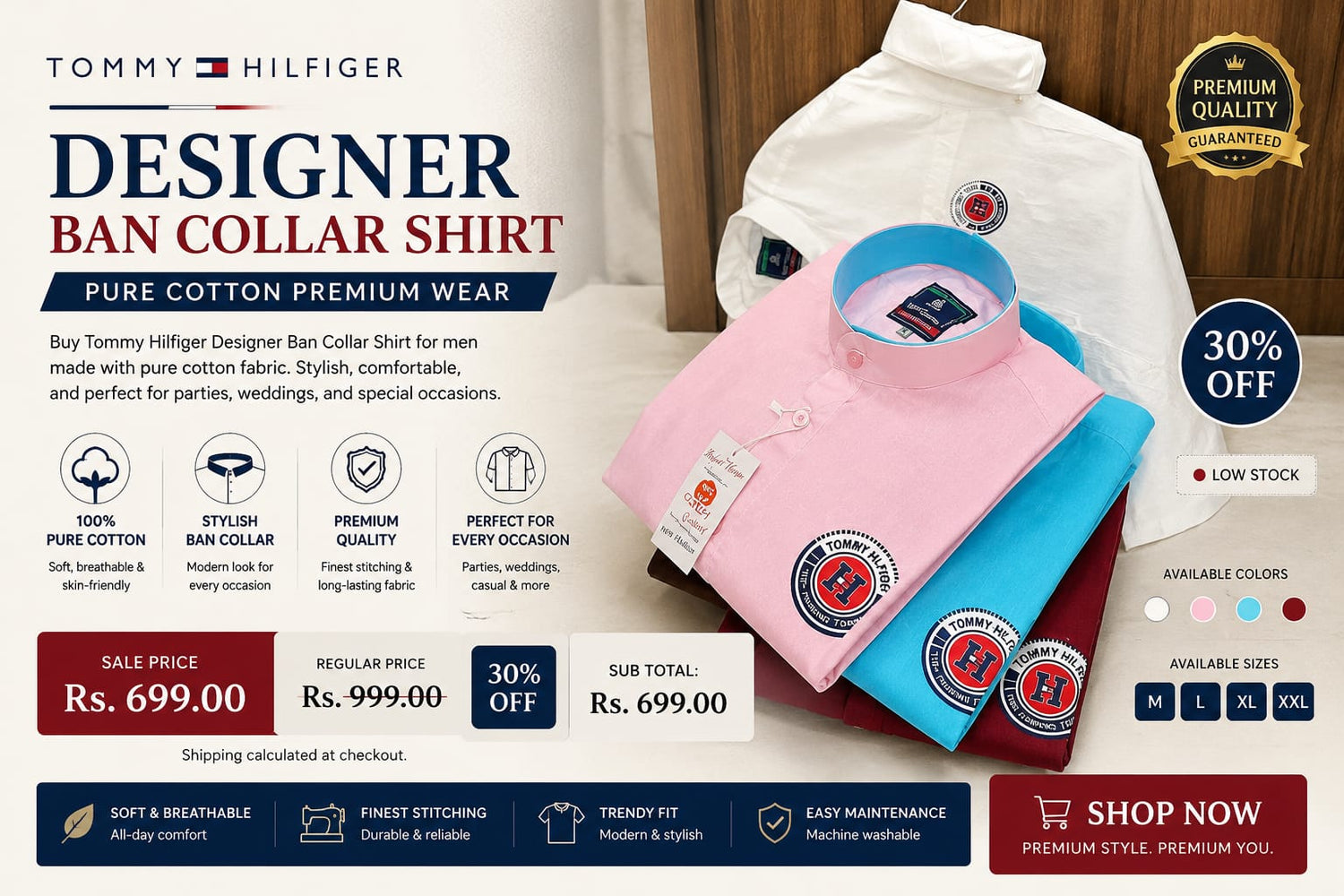 Tommy Hilfiger Designer Ban Collar Shirt - Pure Cotton Softness At Its Best