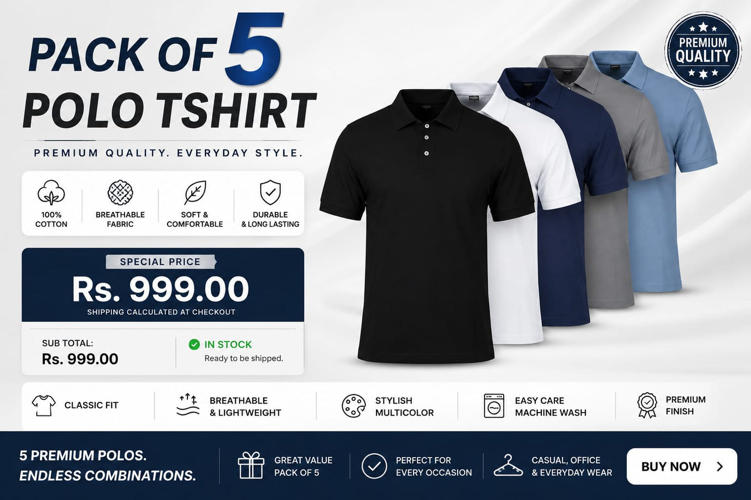 Pack of 5 Polo T-Shirt for Men | Stylish Multicolor Combo