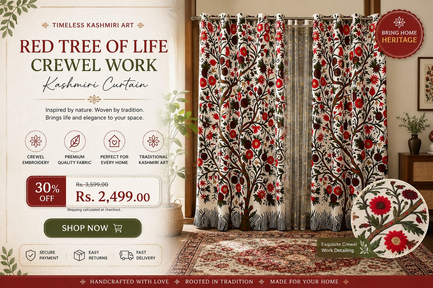 Red Tree of Life Crewel Work Kashmiri Curtain | Handmade