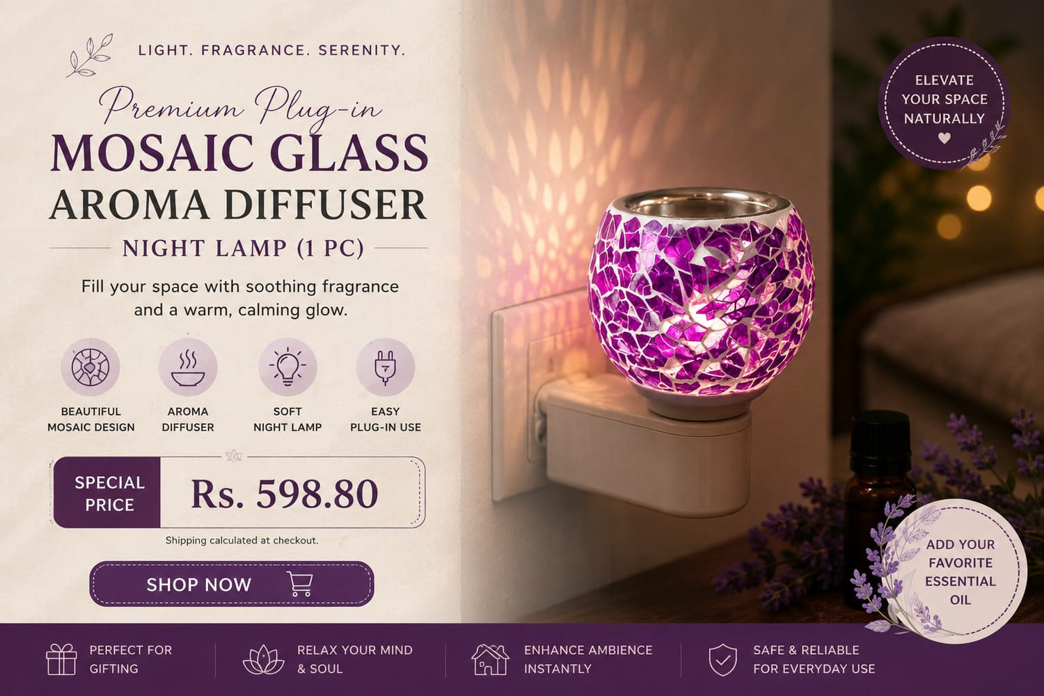 Premium Plug-in Mosaic Glass Aroma Diffuser Night Lamp | Decorative Aroma Oil Burner & Night Light