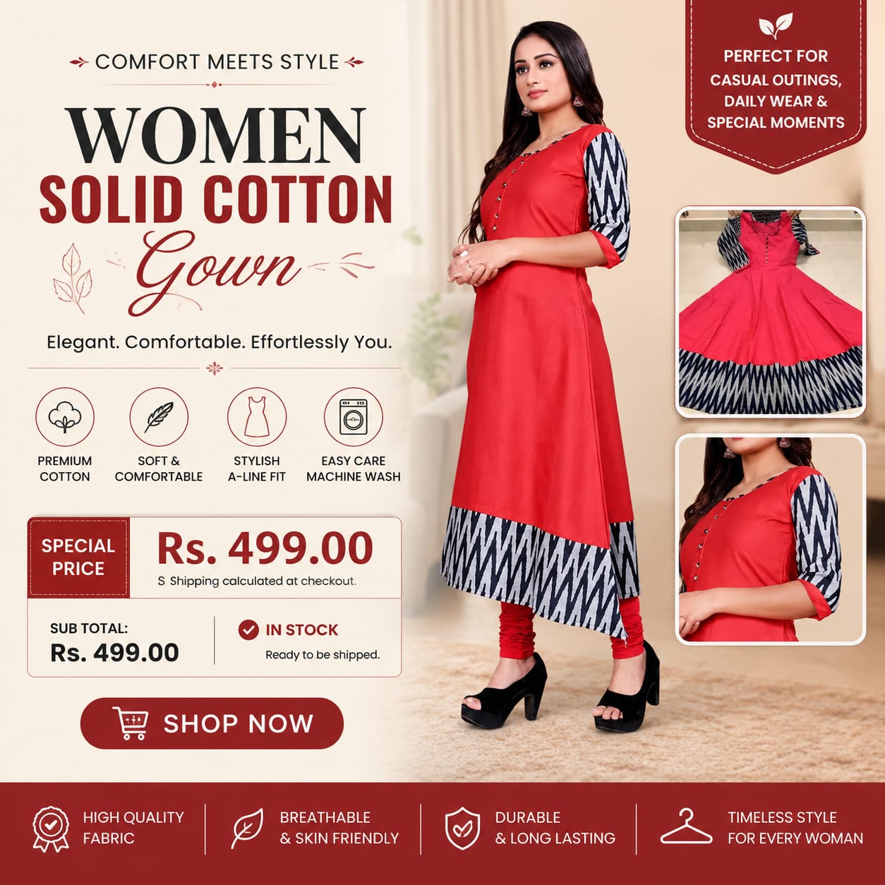 Women Solid Cotton Gown (Red) | Comfortable & Stylish Cotton Night Gown for Women