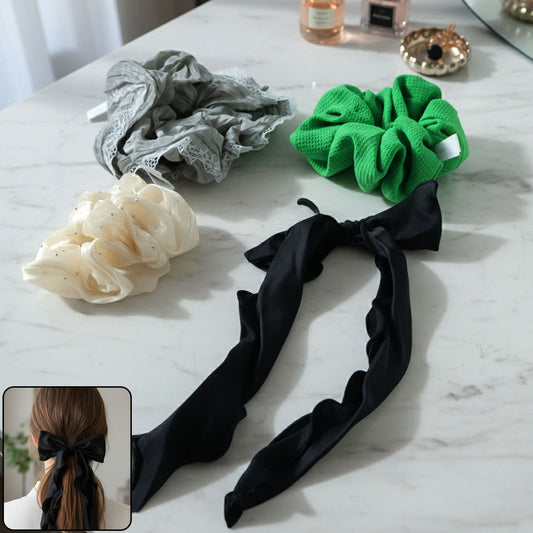 Stylish Fabric Hair Scrunchie With Bow Tie Design(1 Pc Mix Color Design)