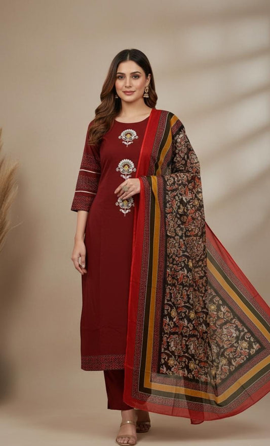 Pure Heavy Cotton Embroidered Kurti Set with Pant & Dupatta | Ethnic Wear