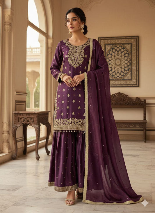 Eid Exclusive GMY Silk Sequence Embroidered Sharara Set with Dupatta | Wedding & Festive Wear