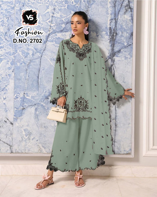 Embroidered Fox Georgette Kurti Set with Plazo & Dupatta – Premium Designer Collection (NC)