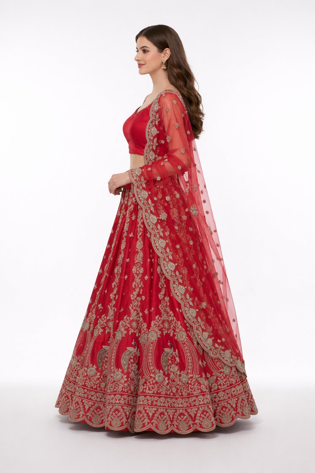 Intricate Red Floral & Paisley Semi-Stitched Lehenga – Full Hand Embroidered Festive Bridal Wear