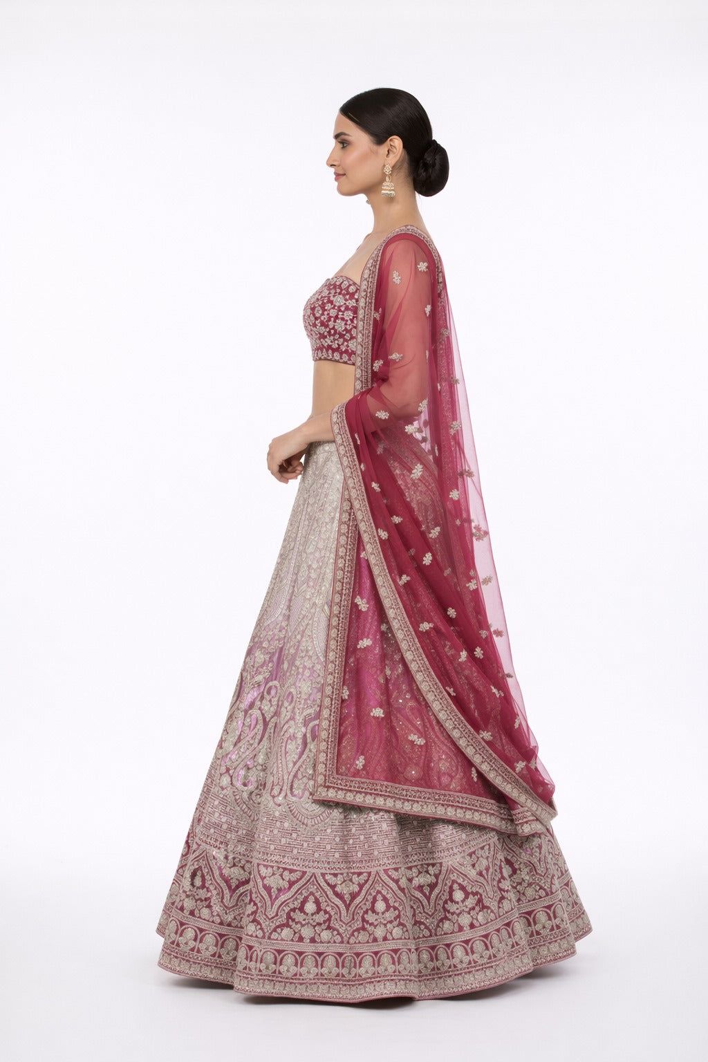 Maroon Zardozi Embroidered Lehenga Set with Sequins & Floral Motifs – Regal Bridal Ensemble
