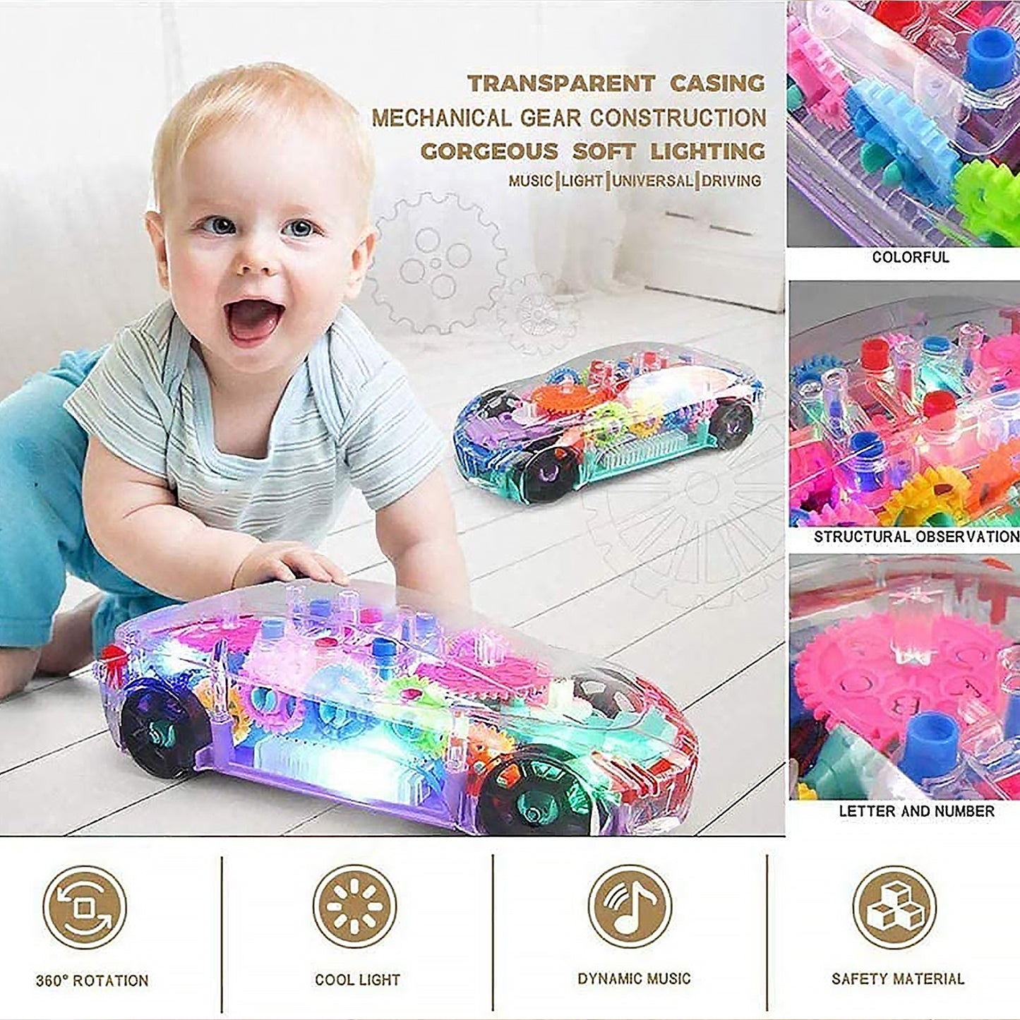 17793 Automatic 360 Degree Rotating Transparent Gear Concept Car With Musical And 3d Flashing Lights Toy For Kids Boys Girls (Multicolor Battery Not Included)
