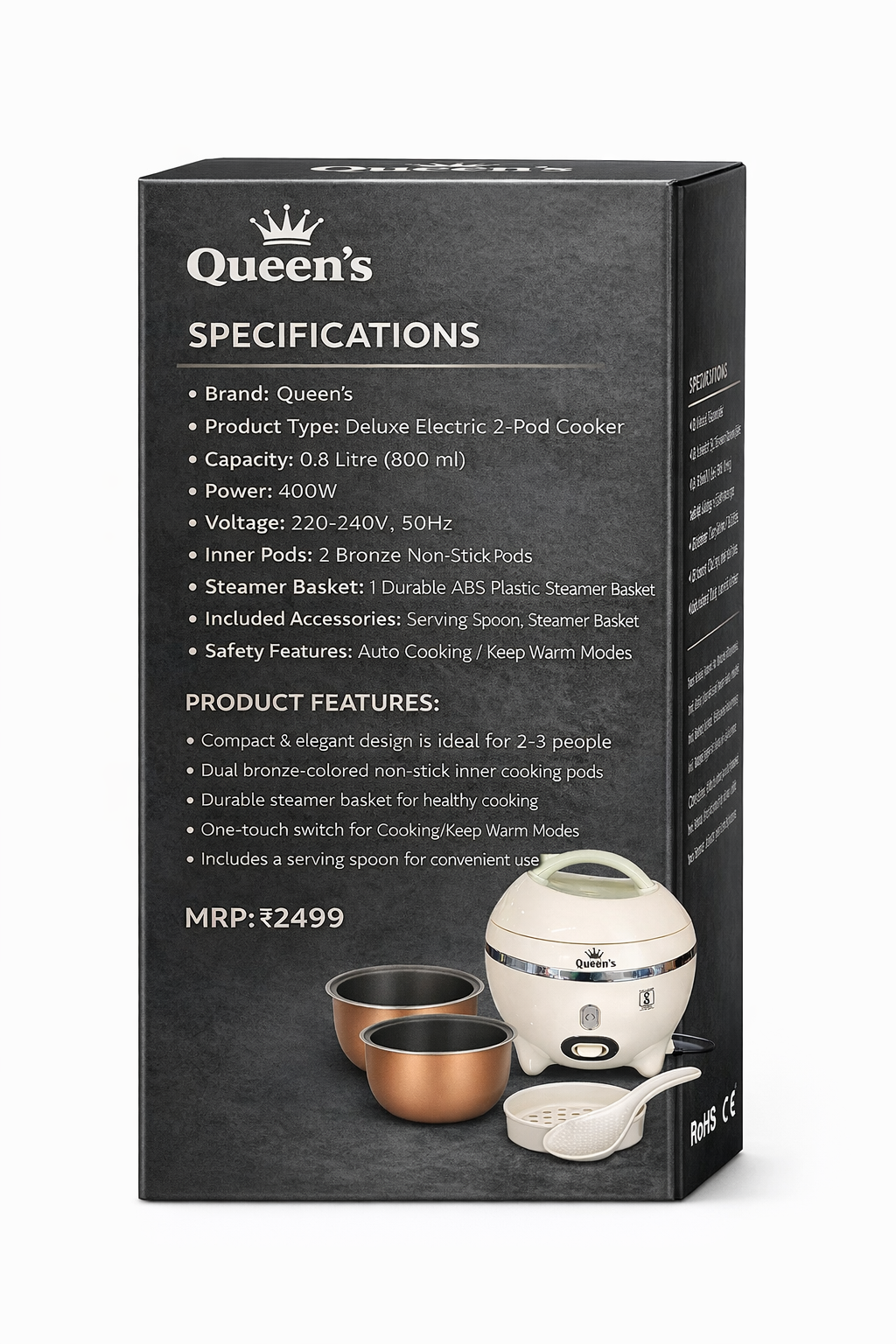 Queen’s 0.8L Deluxe Electric Rice Cooker with Detachable Bronze Inner Pot, Steamer Basket & Serving Spoon | Compact Multi-Cooking Rice Maker for Home & Travel