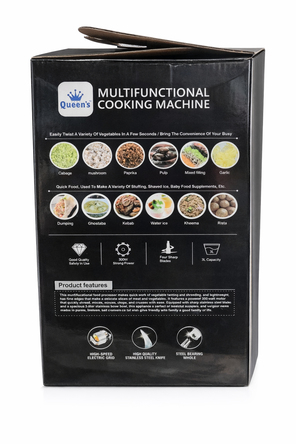 Queen’s Multifunctional Cooking Machine 3L Stainless Steel Food Processor 300W Electric Chopper Multi Shredder Ice Crusher Heavy Duty Kitchen Mixer Grinder