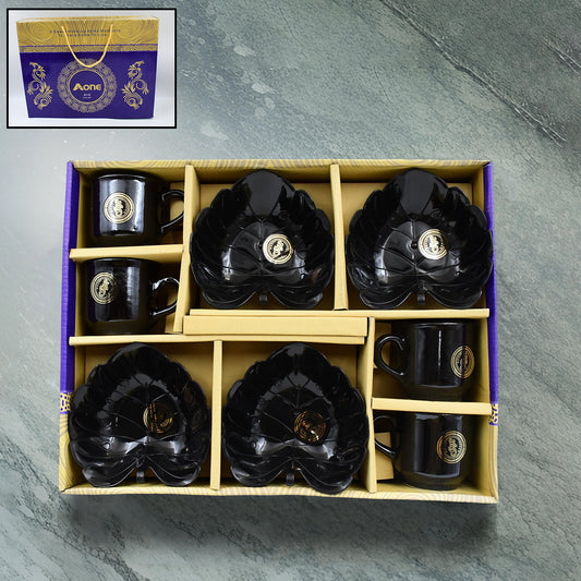 A One Ceramic Tea Cups Mug Set With Leaf Shape Serving Bowl (8 Pcs Set)