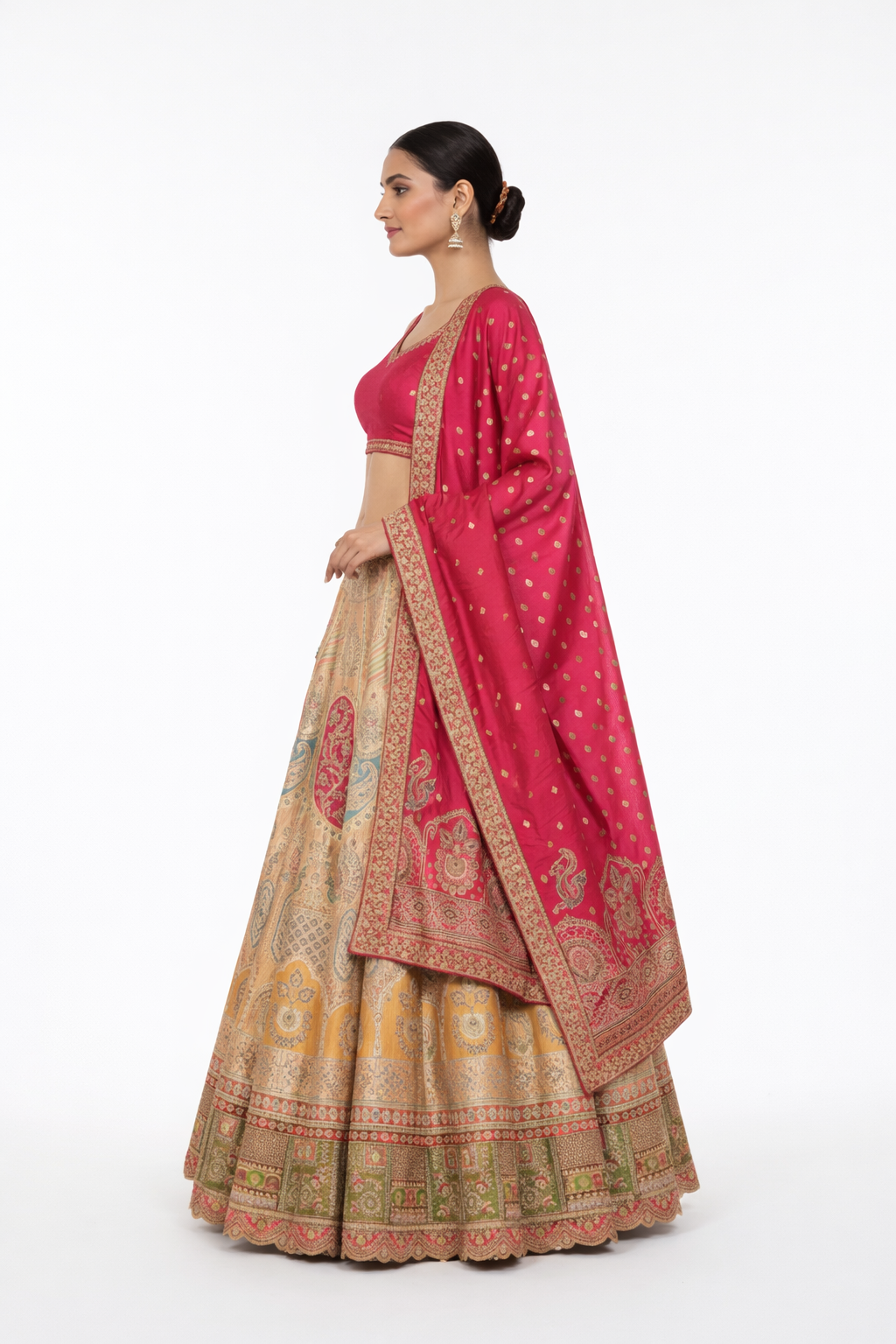 Intricate Paisley Embroidered Lehenga Set for Women – Mustard Yellow & Red Designer Bridal / Festive Wear with Pink Dupatta | Heritage Ethnic Wedding Outfit