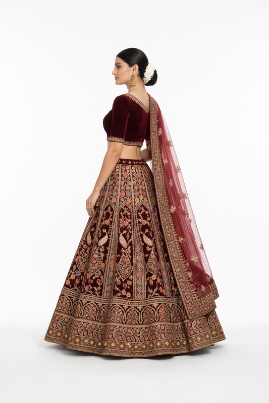Maroon & Burgundy Peacock Motif Embroidered Lehenga Set for Women with Gold Thread Work – Luxury Bridal & Festive Designer Ethnic Wear