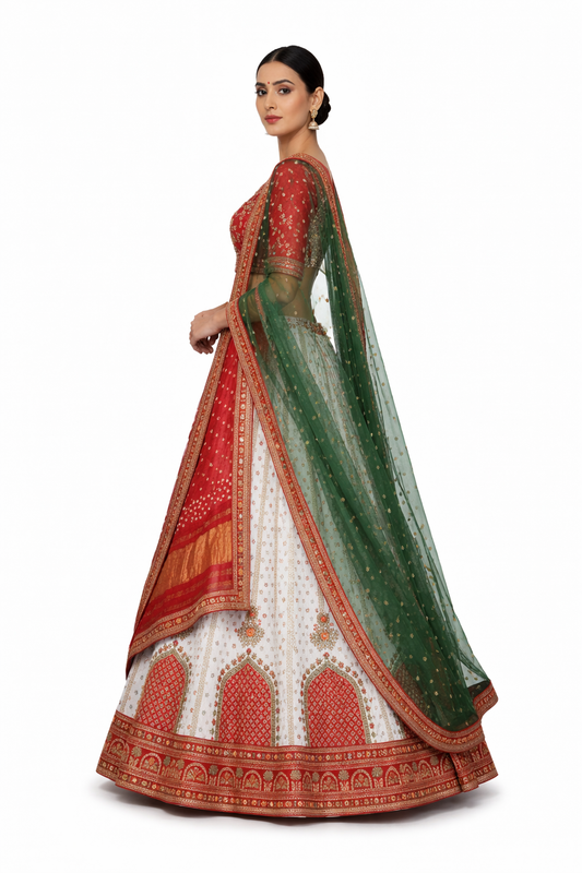 White Red Gold Bandhani Embroidered Lehenga Set for Women – Intricate Woven Bridal Designer Outfit with Gold Thread Work & Traditional Dupatta