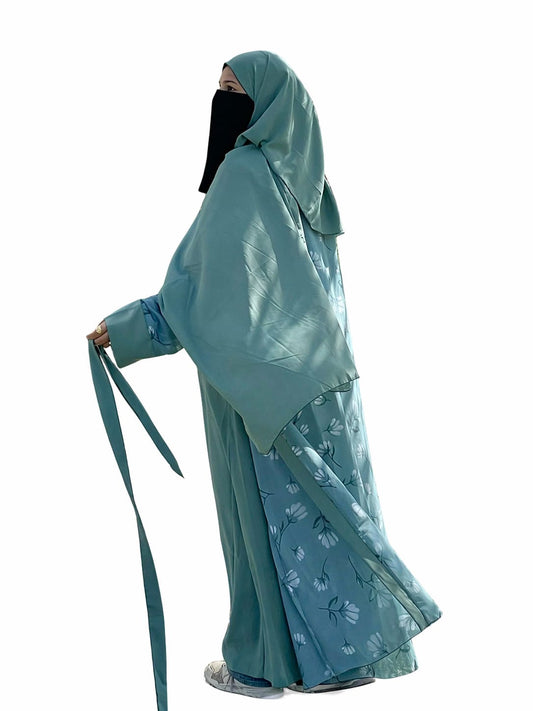 Sky Blue Printed Shrug 4-Piece Abaya Set for Women – Premium Modest Wear