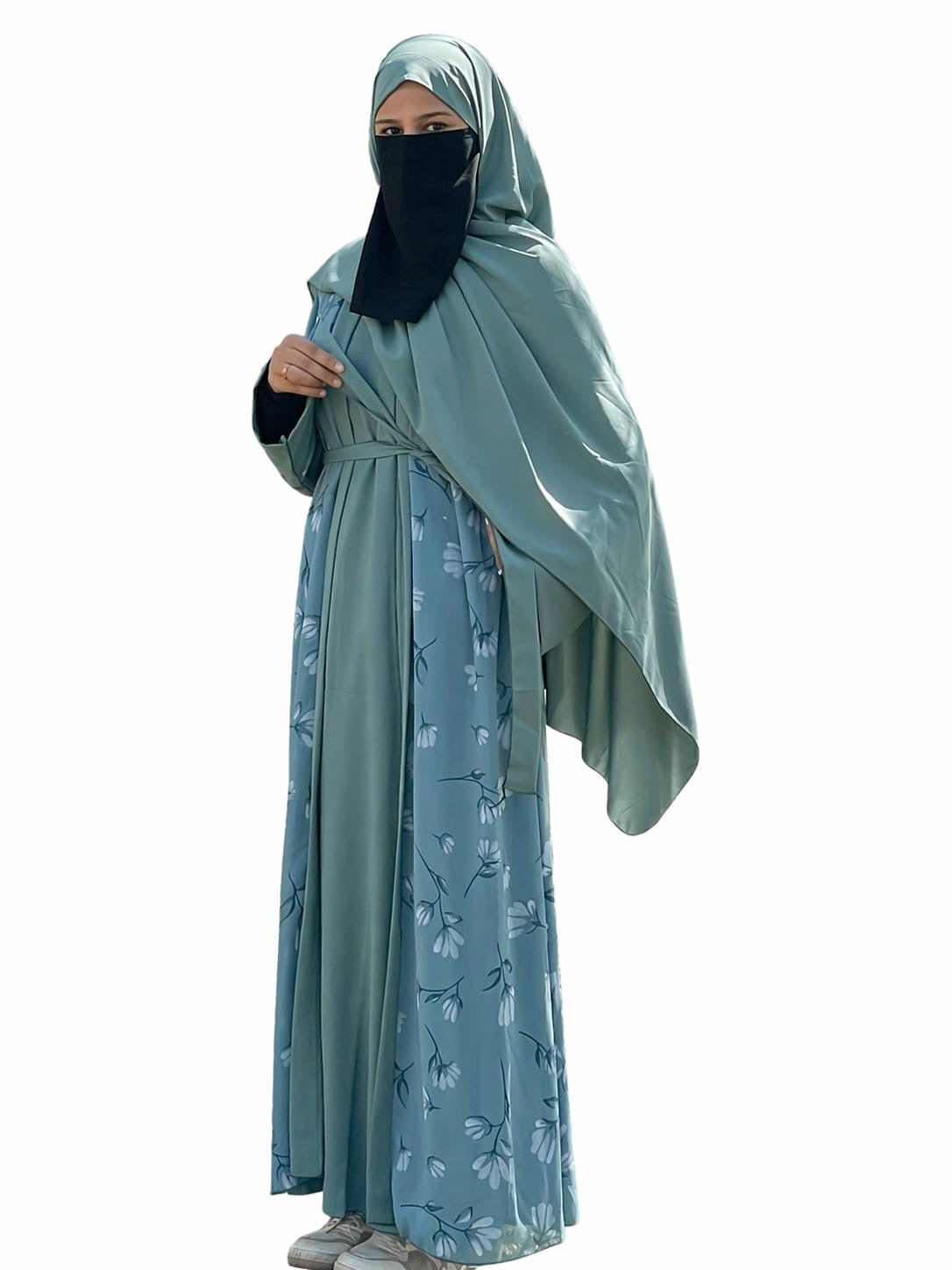 Sky Blue Printed Shrug 4-Piece Abaya Set for Women – Premium Modest Wear