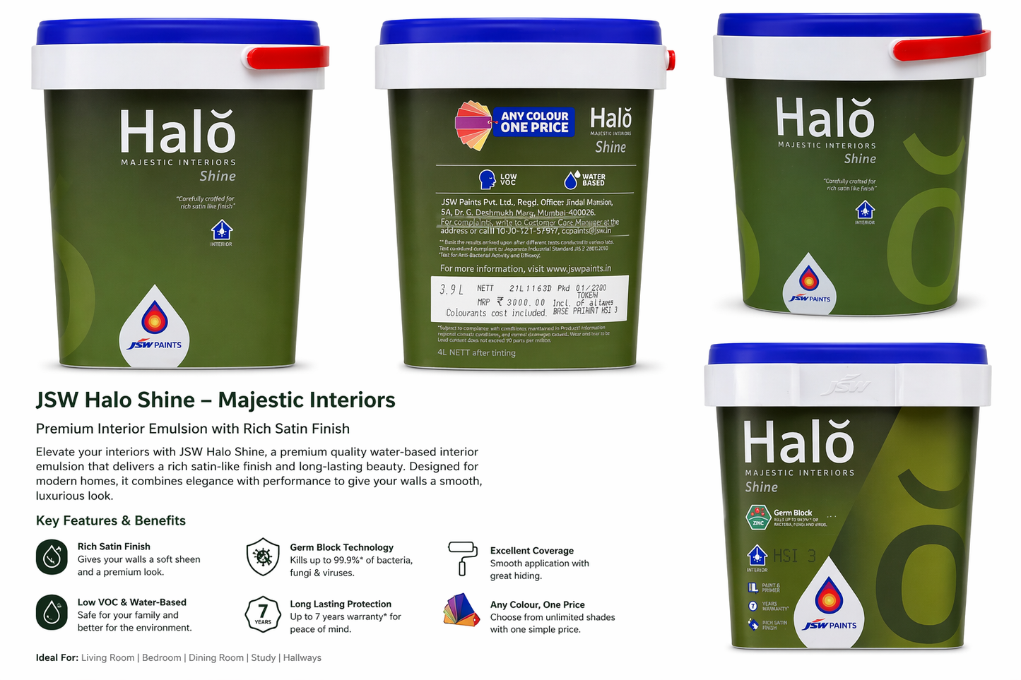 JSW Paints Halō Majestic Interiors Shine (HSI 3) | Premium Interior Emulsion with Germ Block Technology