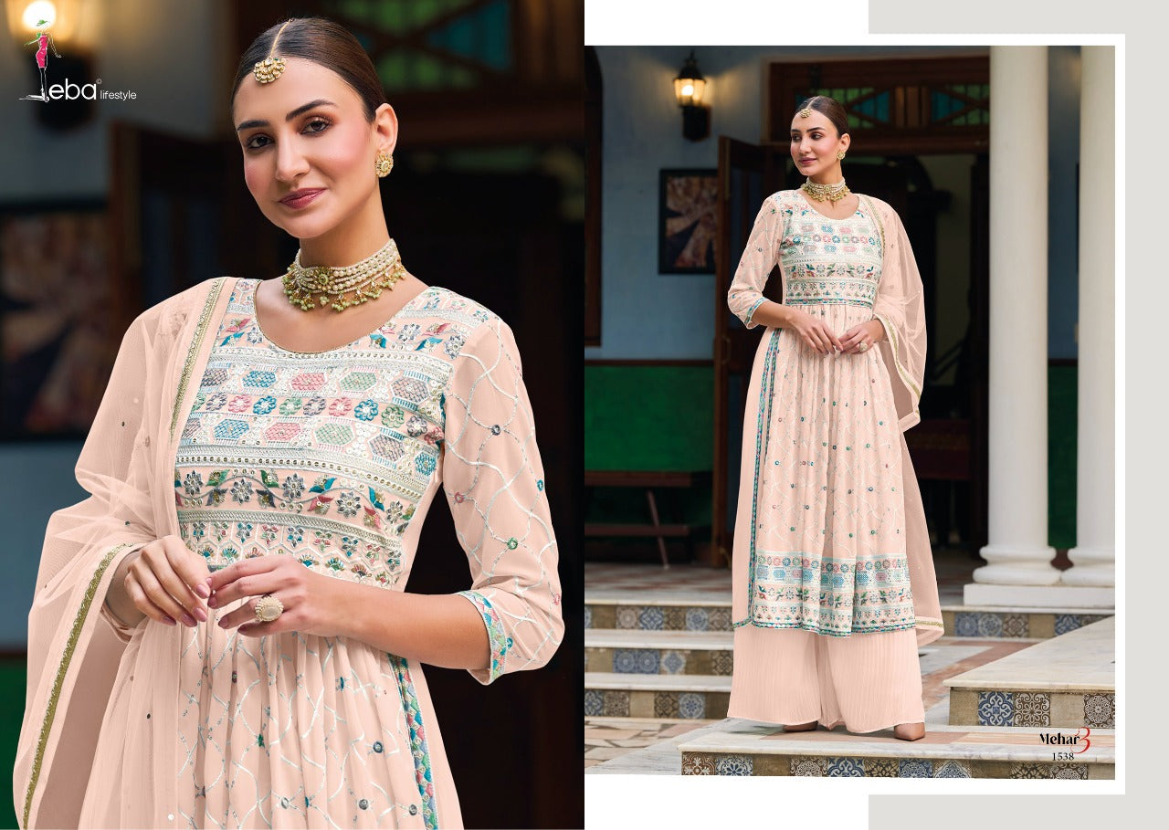 Embroidered Faux Georgette Kurta Set with Plazo & Heavy Net Dupatta