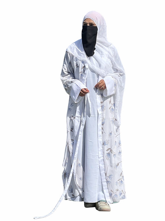 ✨ New Arrival – 4 Piece Premium Abaya Set ✨White Printed Shrug 4-Piece Premium Abaya Set for Women