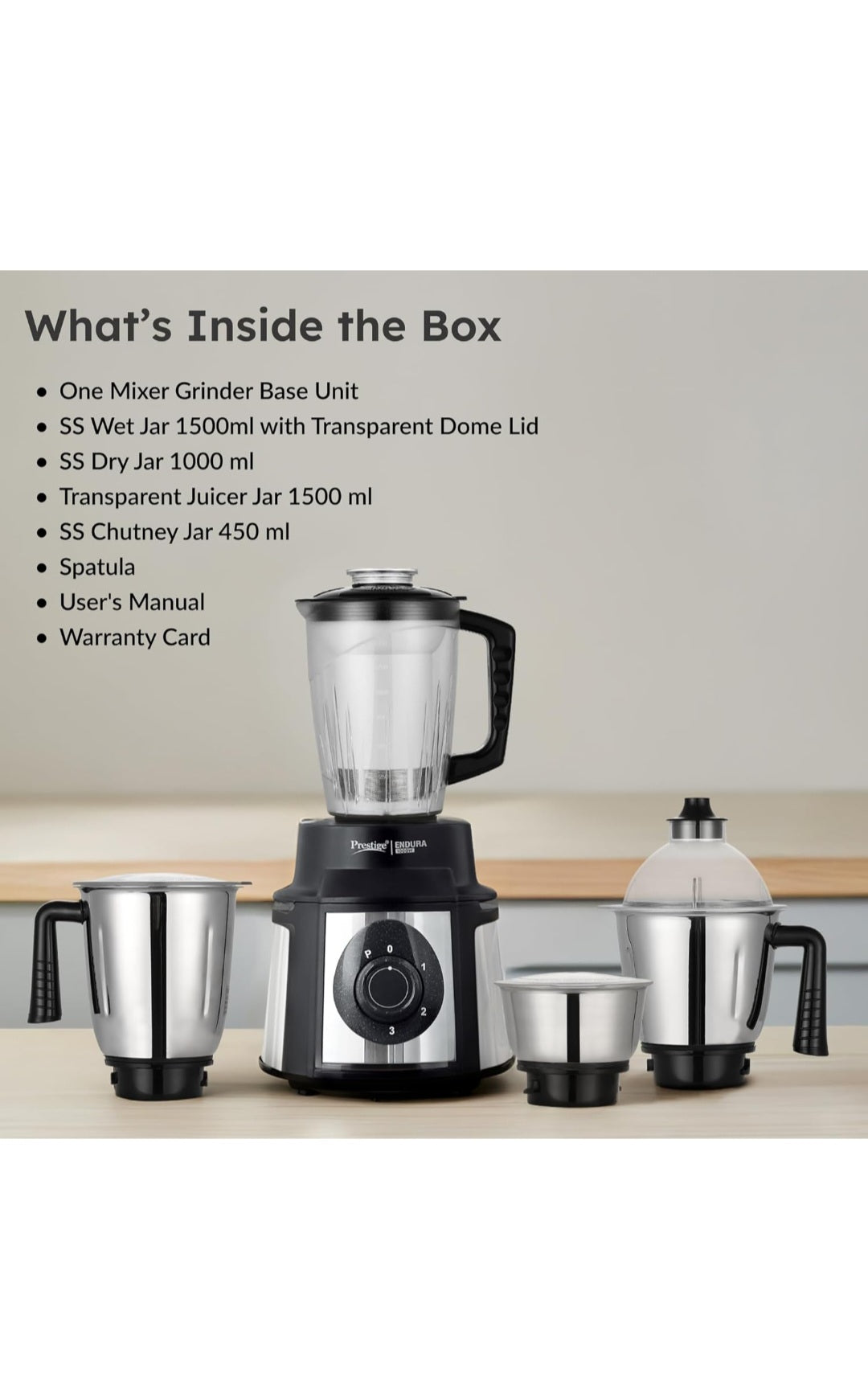 Prestige Endura 1000W 2-in-1 Juicer Mixer Grinder with 4 Jars | Heavy Duty Motor | Stainless Steel Body