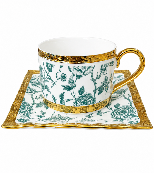 Elegant Royal Tea Set | Fine Bone China | Square Plate | Golden Coating