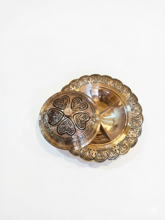 Nakchdaar copper dry fruit container having 4 different section for 4 different kinds of dry fruites with beautiful design.