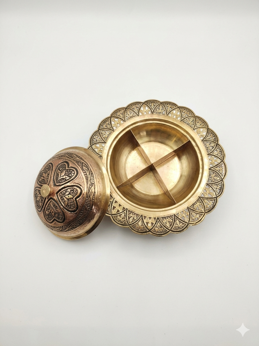 Nakchdaar copper dry fruit container having 4 different section for 4 different kinds of dry fruites with beautiful design.