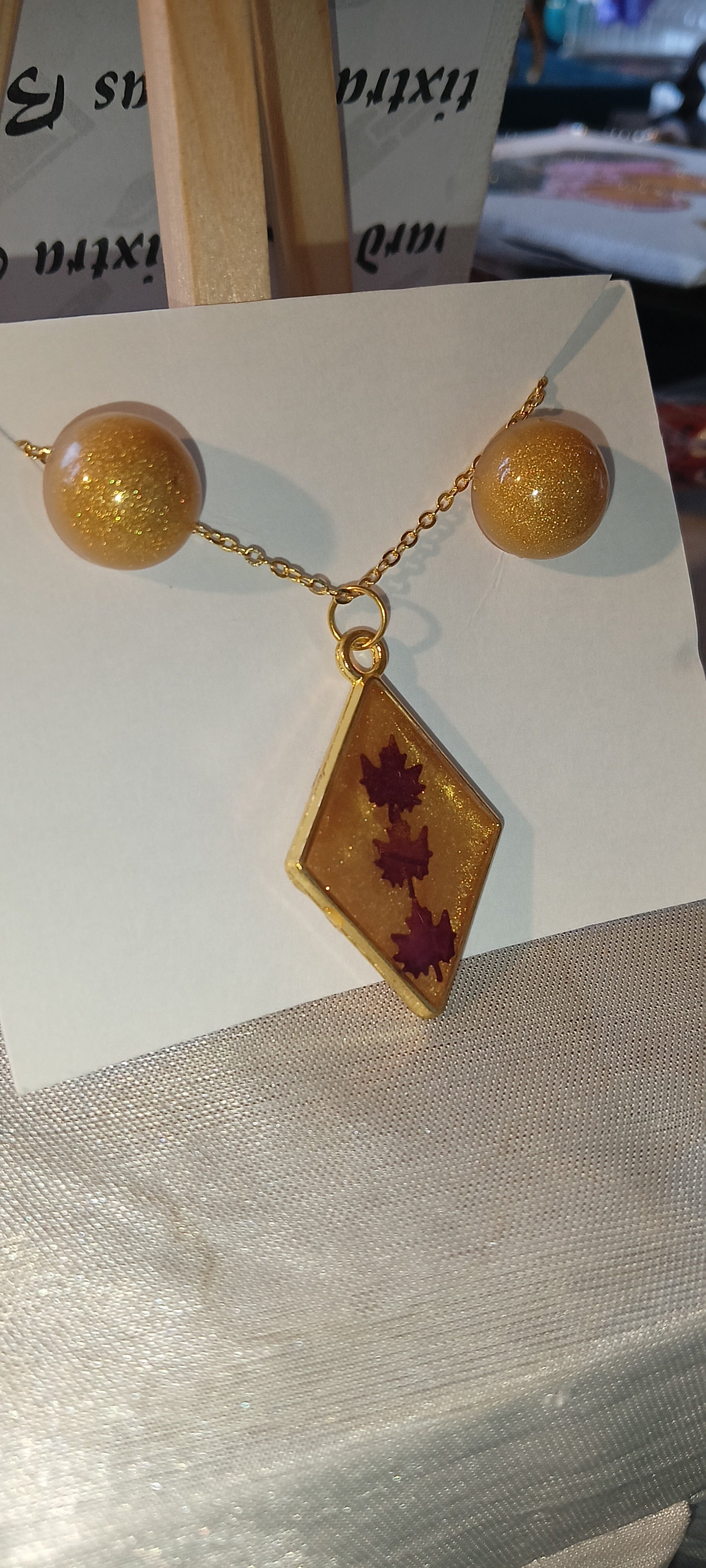 Shimmering Gold Resin Diamond Pendant with Matching Studs