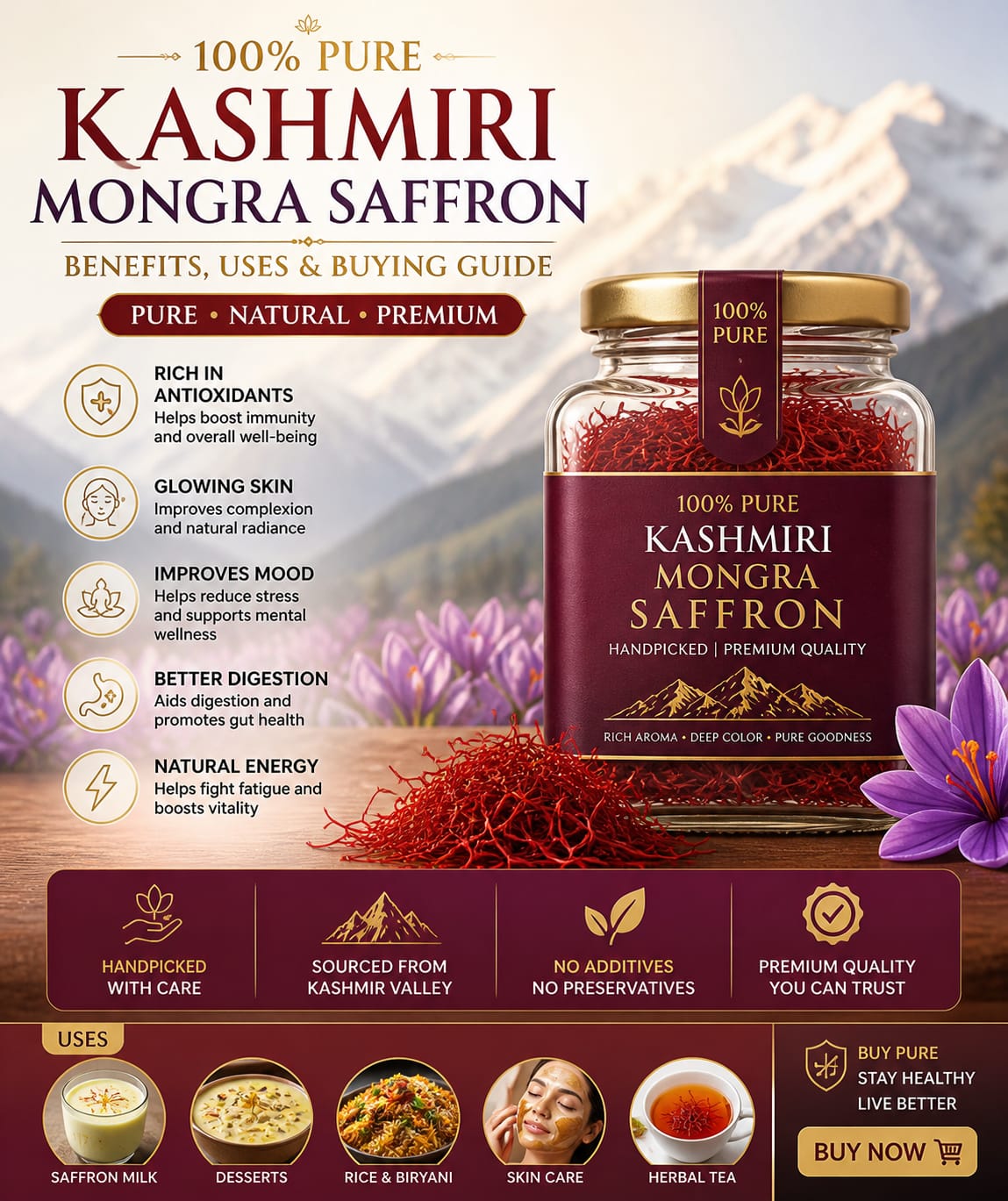 100% Pure Kashmiri Mongra Saffron: Benefits, Uses & Buying Guide