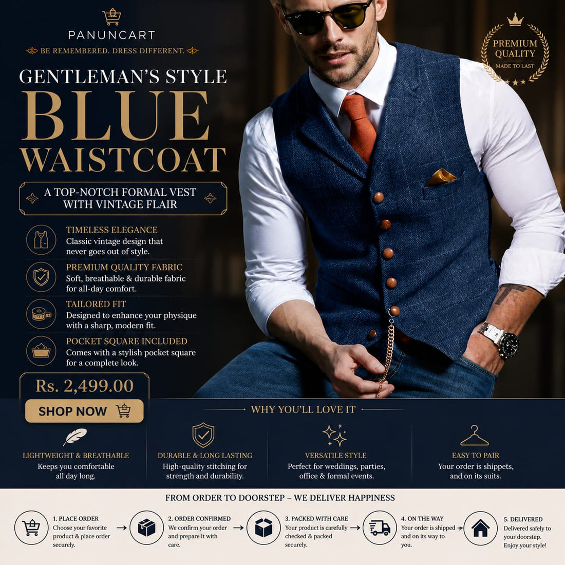 Gentleman's Style Blue Waistcoat – A Top-Notch Formal Vest with Vintage Flair