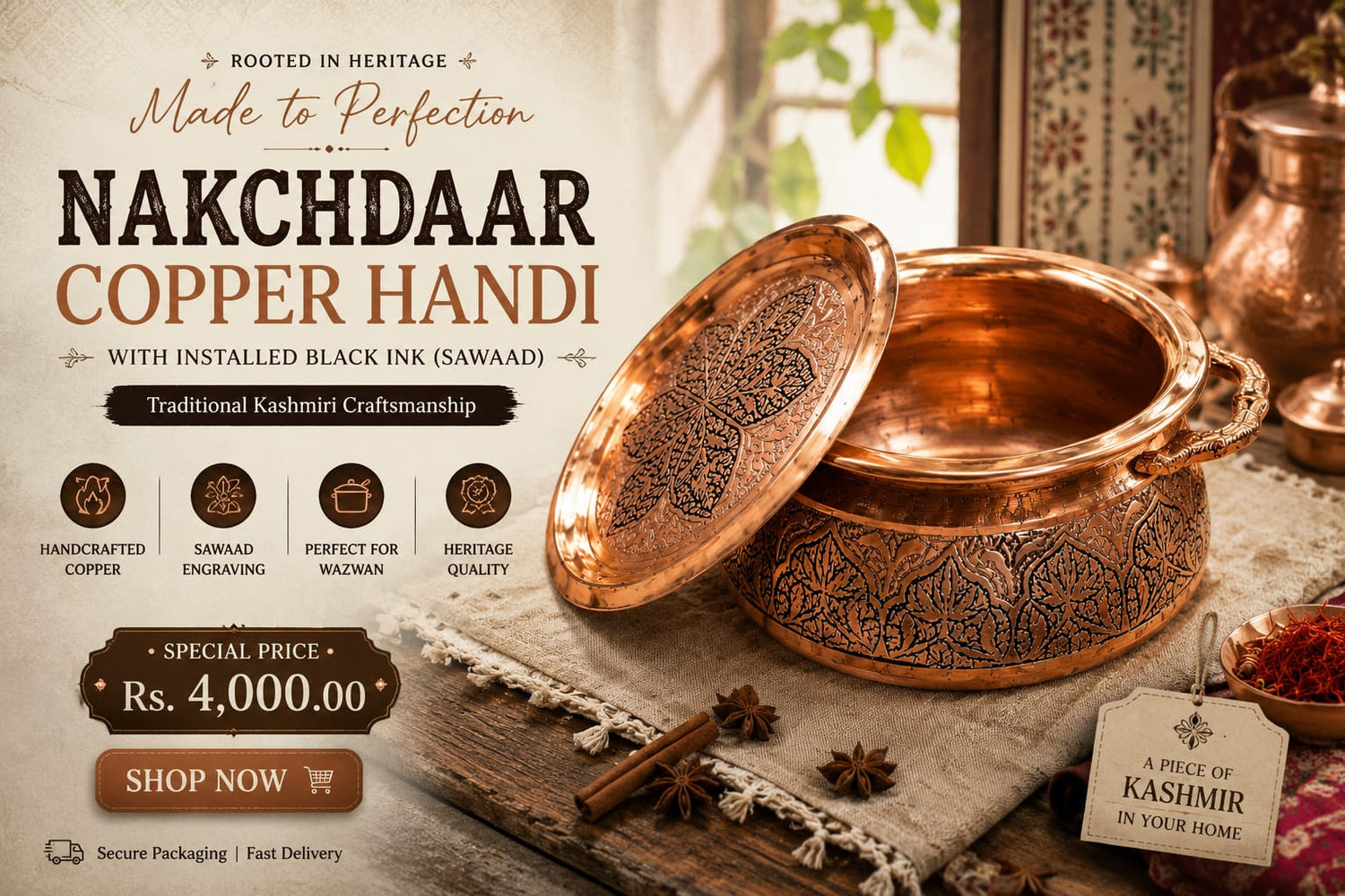 Nakchdaar Copper Handi with Installed Black Ink (Sawaad) – Premium Handcrafted Copper Serveware for Traditional Dining