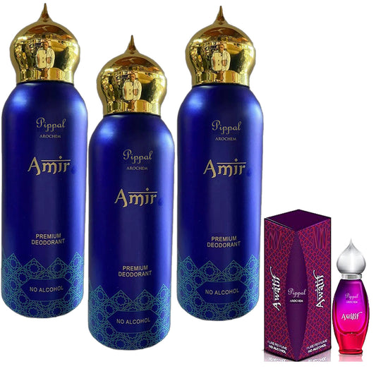AMIR PREMIUM DEODORANT No Alcohol 200 Ml AWATIF 9 ML (Pack of 3)