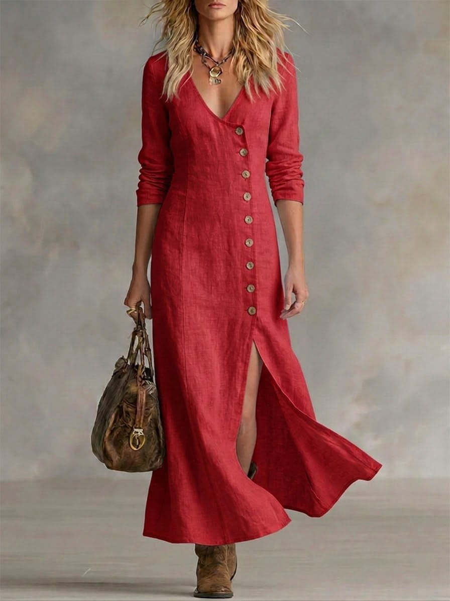 Fashionable Casual Cotton-Linen Long-Sleeve Womens Dress