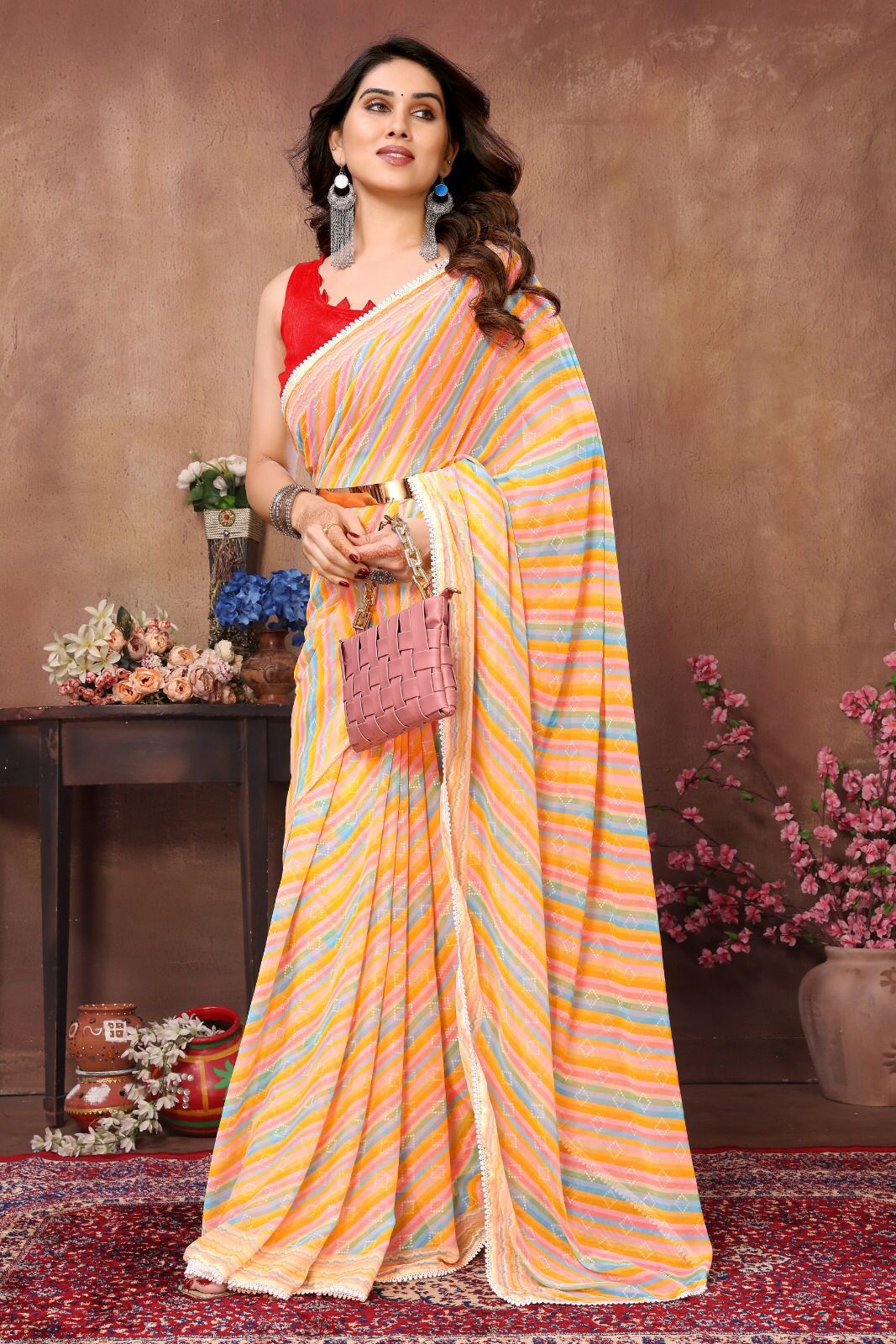 Netra Fashion Georgette Silk Printed Ready-to-Wear Saree with Lace Border (SCG)