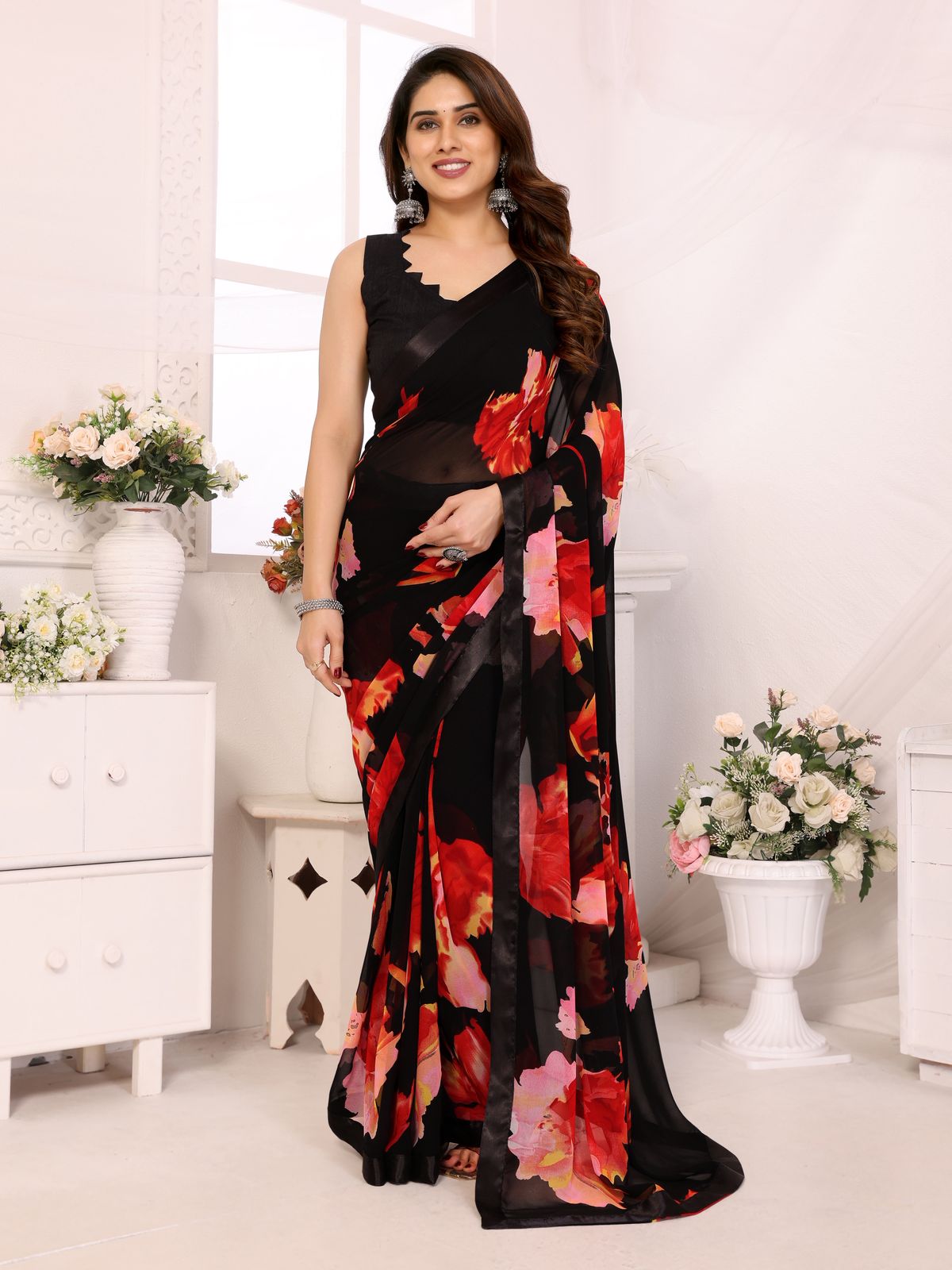 Netra Fashion Georgette Silk Printed Ready-to-Wear Saree with Lace Border (SCG)