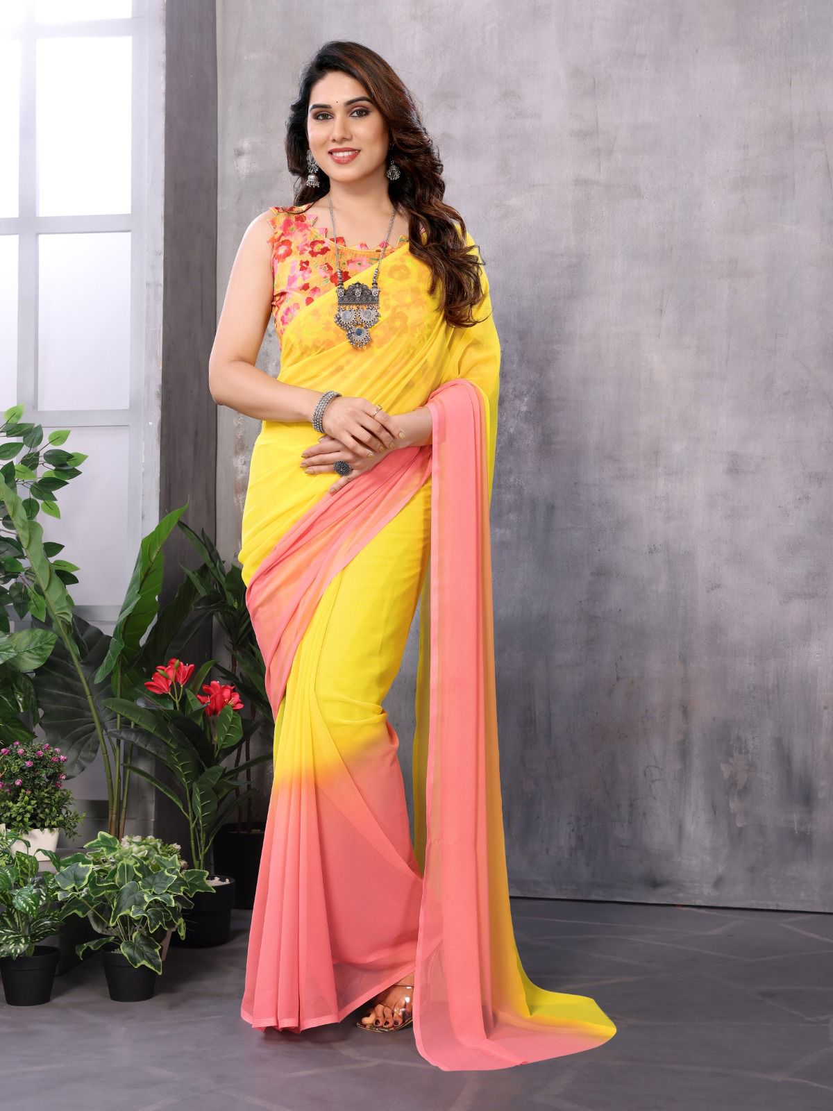 Netra Fashion Georgette Silk Printed Ready-to-Wear Saree with Lace Border (SCG)