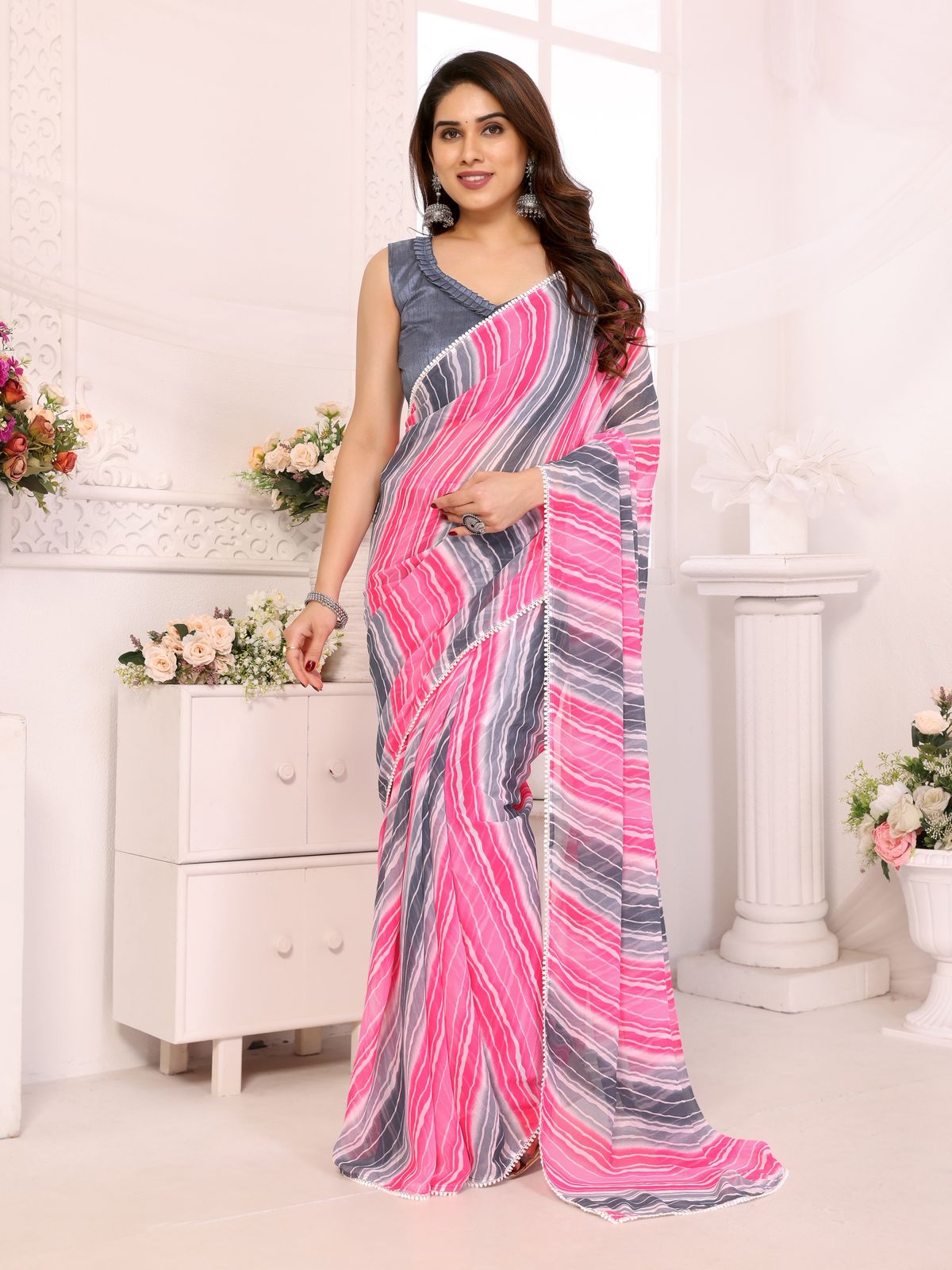 Netra Fashion Georgette Silk Printed Ready-to-Wear Saree with Lace Border (SCG)