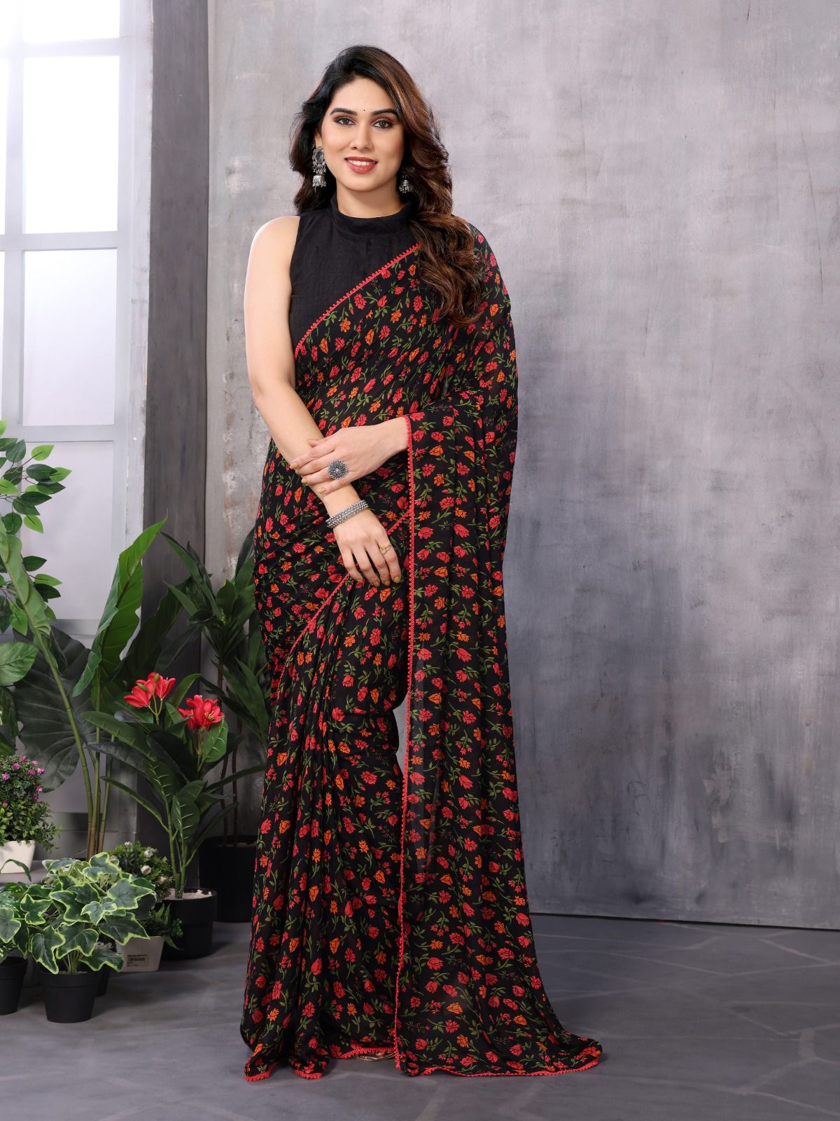 Netra Fashion Georgette Silk Printed Ready-to-Wear Saree with Lace Border (SCG)