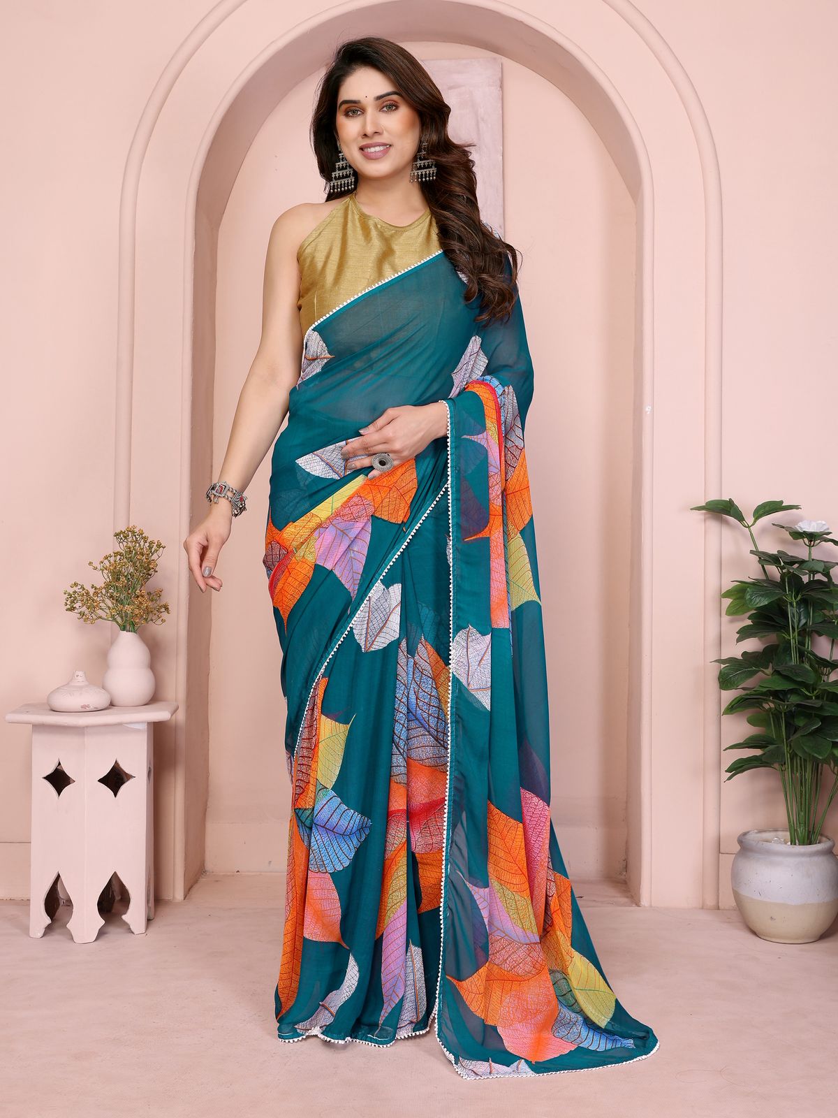 Netra Fashion Georgette Silk Printed Ready-to-Wear Saree with Lace Border (SCG)