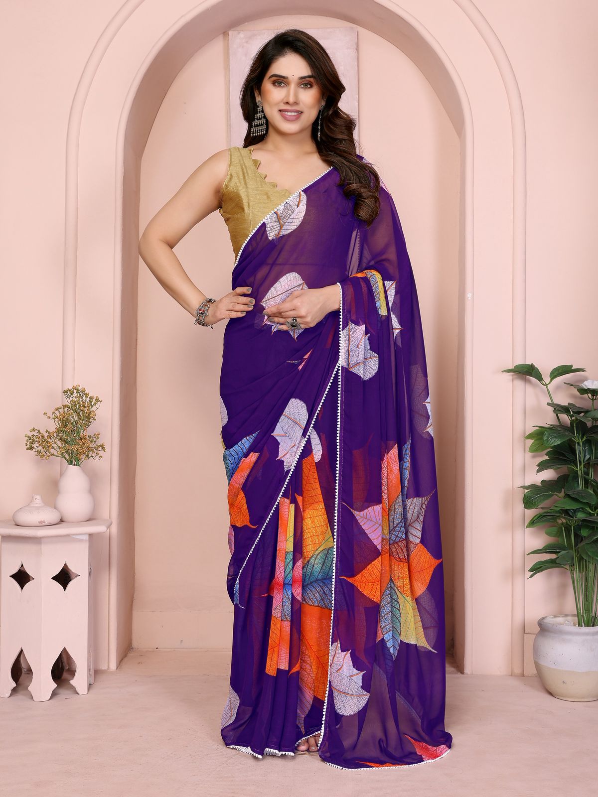 Netra Fashion Georgette Silk Printed Ready-to-Wear Saree with Lace Border (SCG)