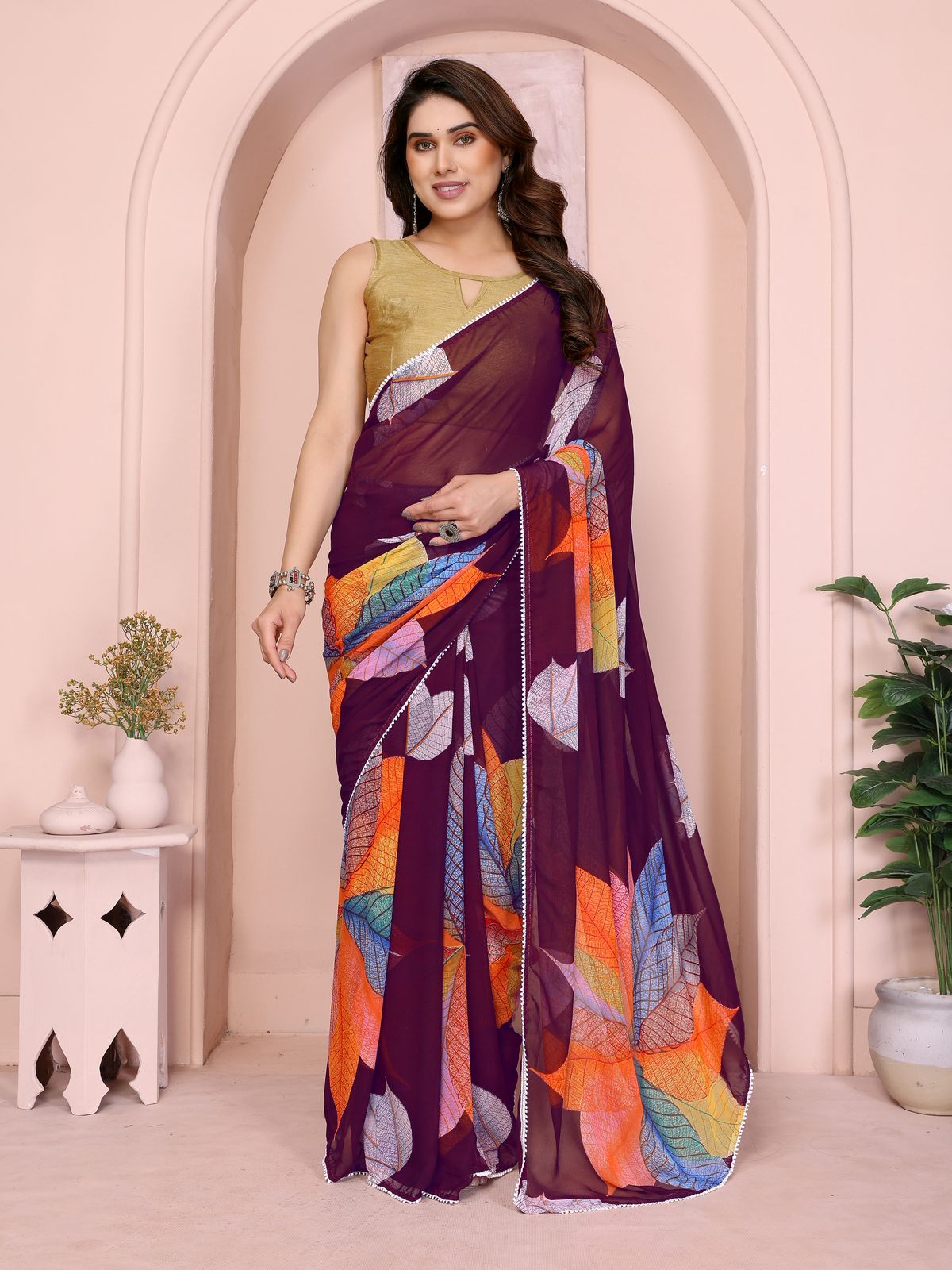 Netra Fashion Georgette Silk Printed Ready-to-Wear Saree with Lace Border (SCG)