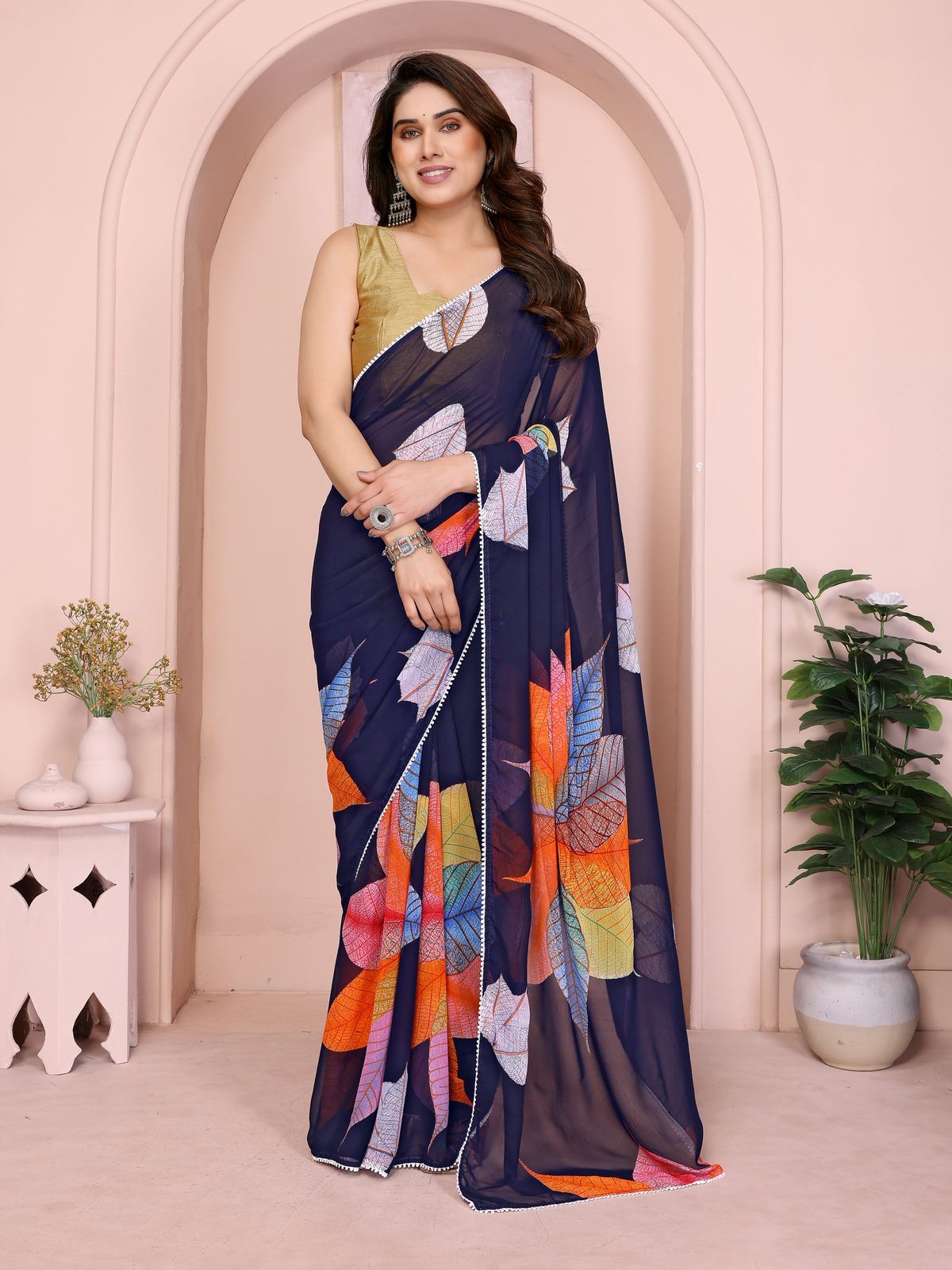 Netra Fashion Georgette Silk Printed Ready-to-Wear Saree with Lace Border (SCG)