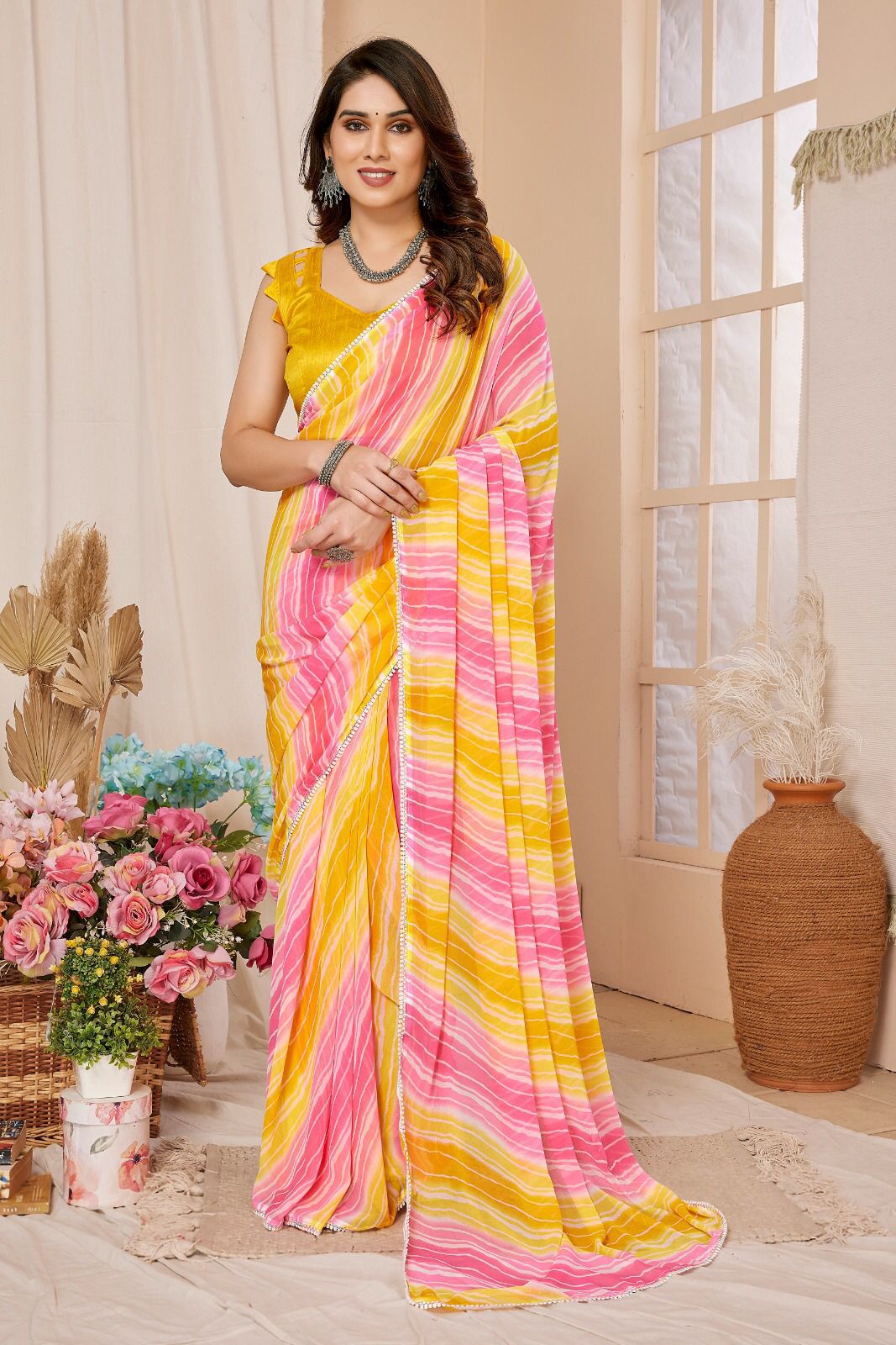 Netra Fashion Georgette Silk Printed Ready-to-Wear Saree with Lace Border (SCG)