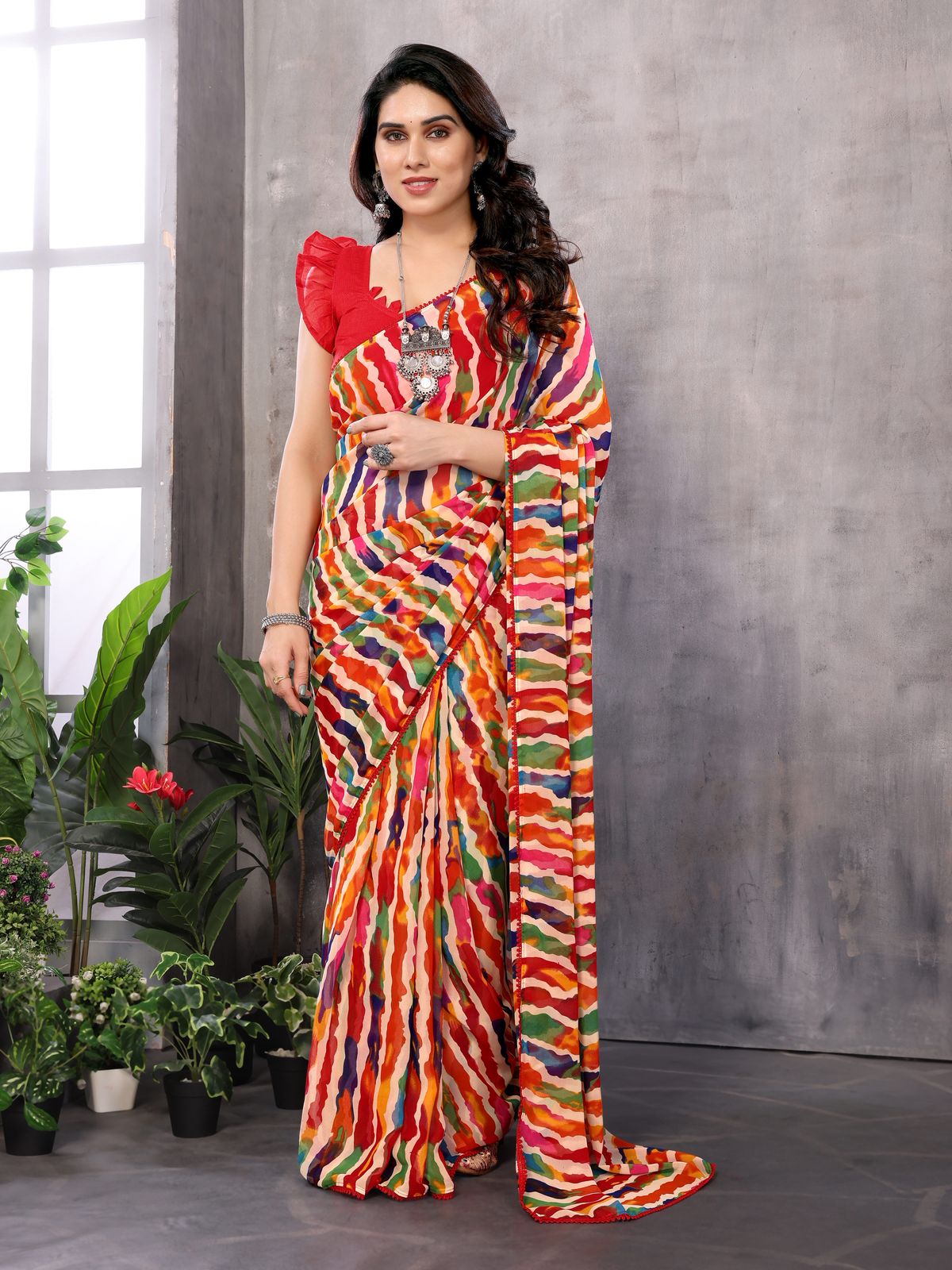 Netra Fashion Georgette Silk Printed Ready-to-Wear Saree with Lace Border (SCG)