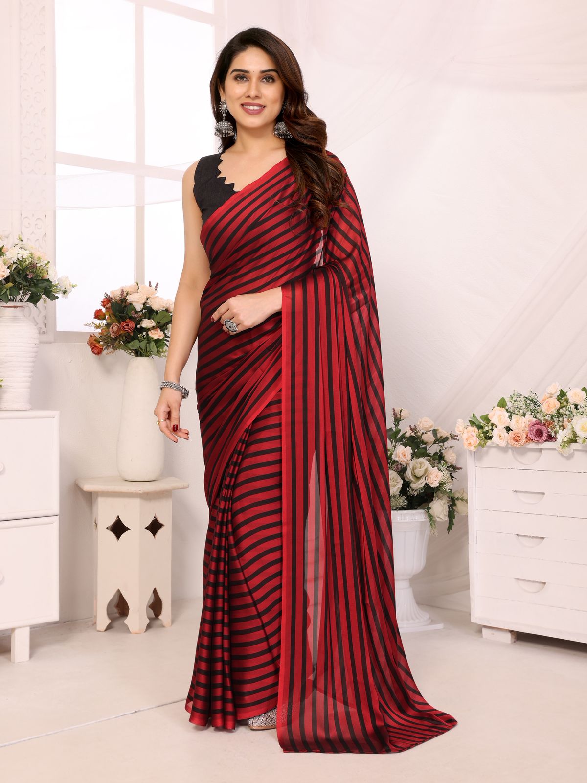 Netra Fashion Georgette Silk Printed Ready-to-Wear Saree with Lace Border (SCG)