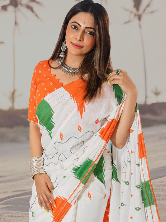 Netra Fashion Tiranga White Sharmili Georgette Silk Printed Saree – Republic Day Special (SCG)